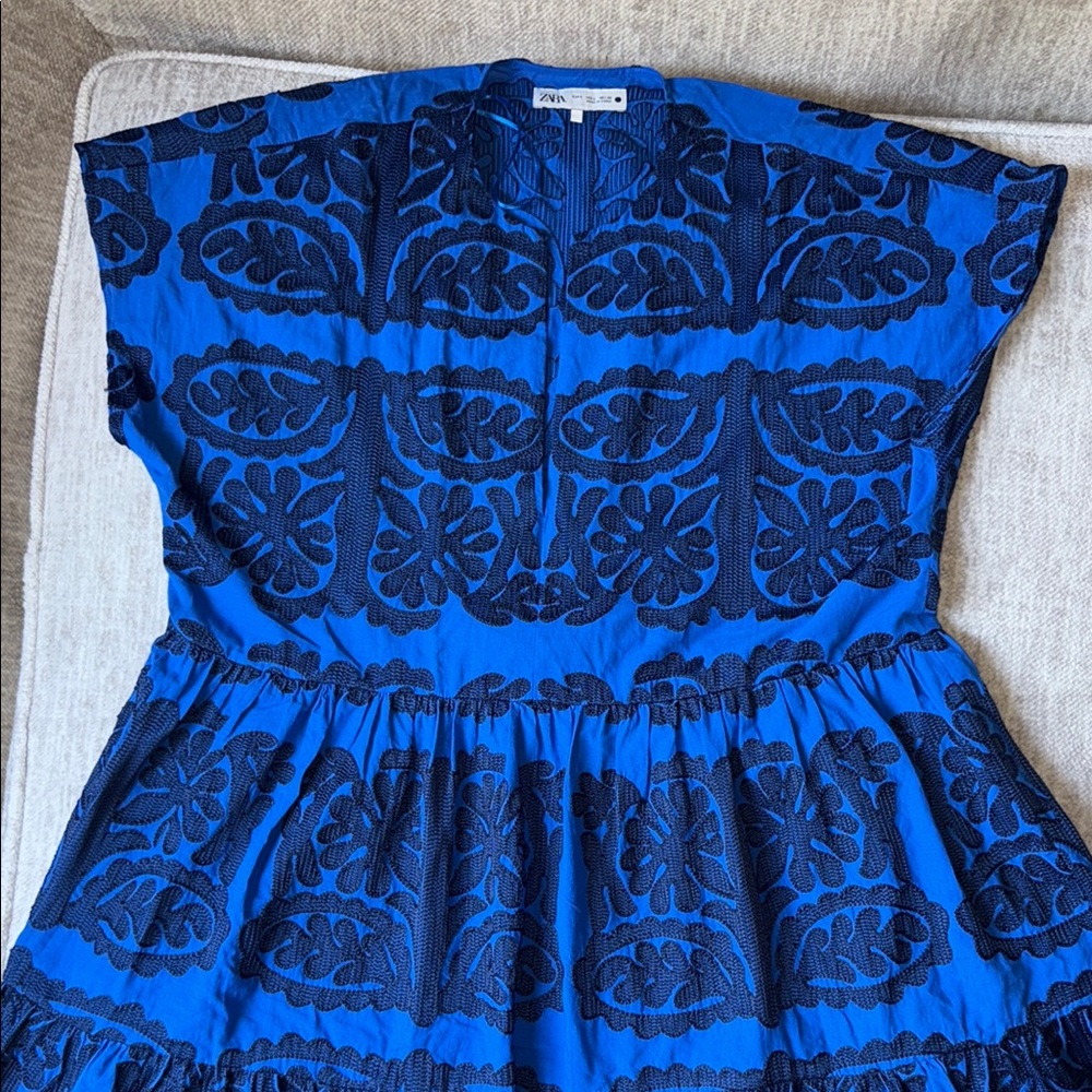 Zara Royal Blue Dress with Black Leaf Design